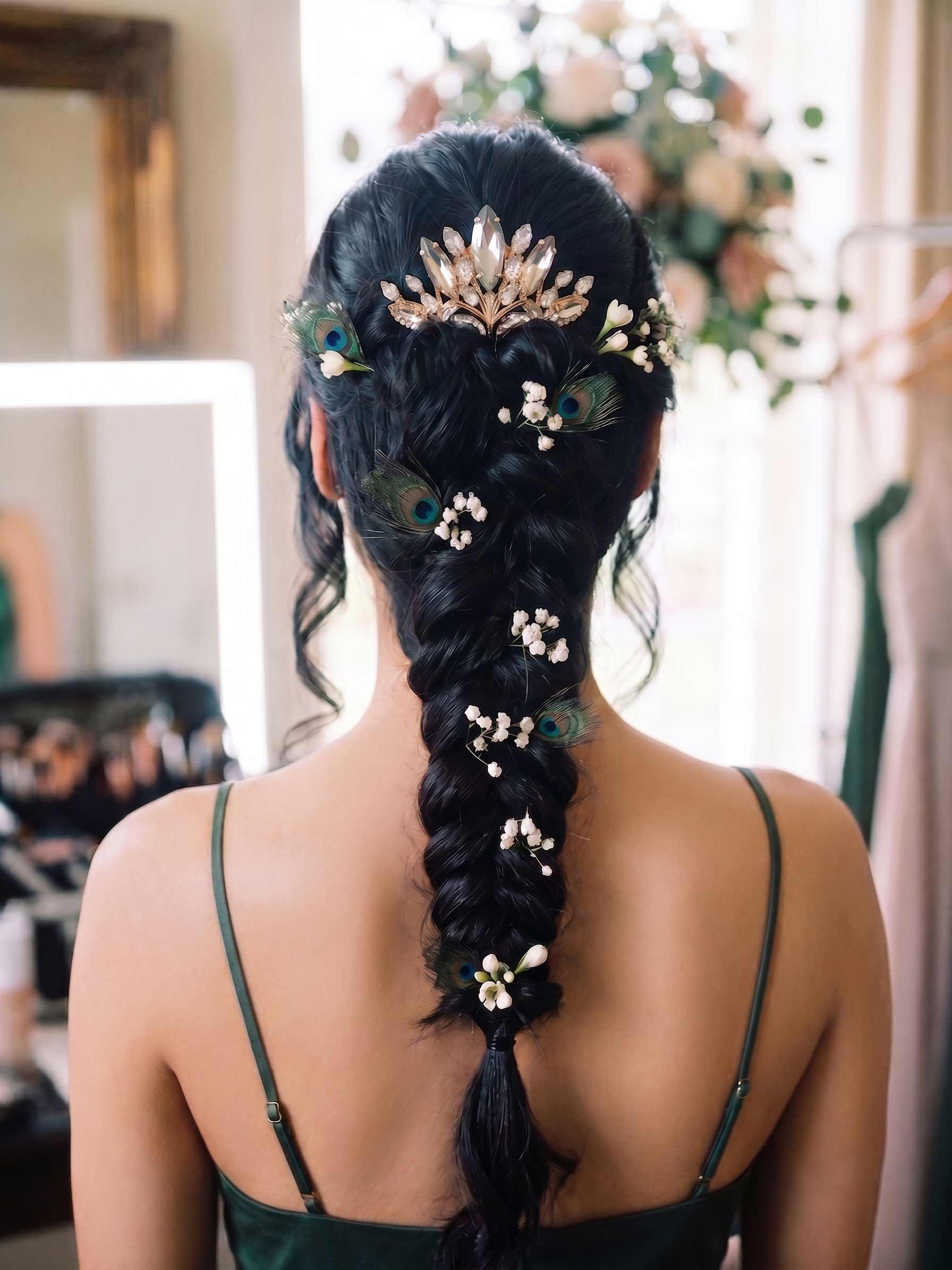Wide photograph of a bride at golden hour