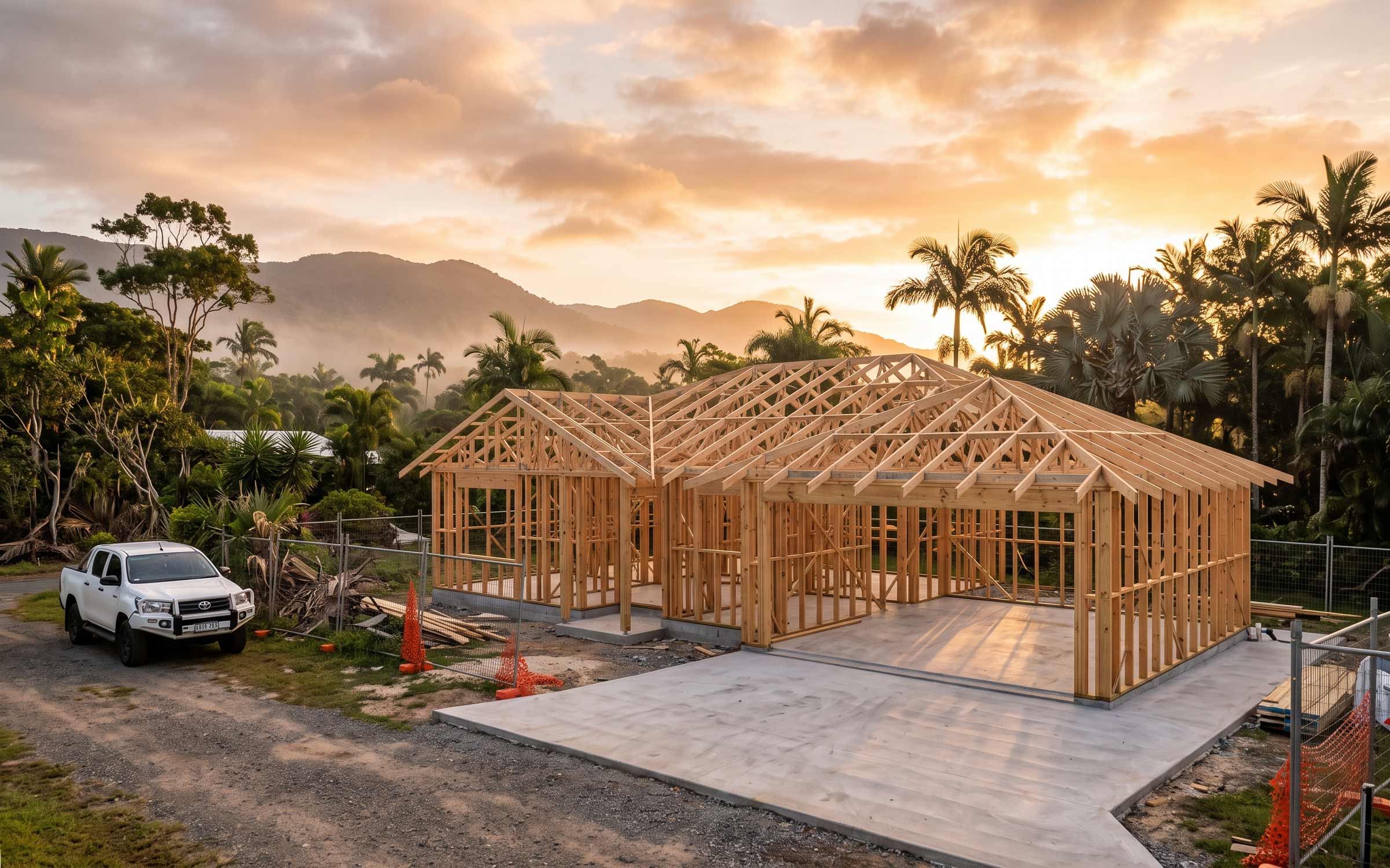 Framed house build at sunrise, Cairns northern beaches