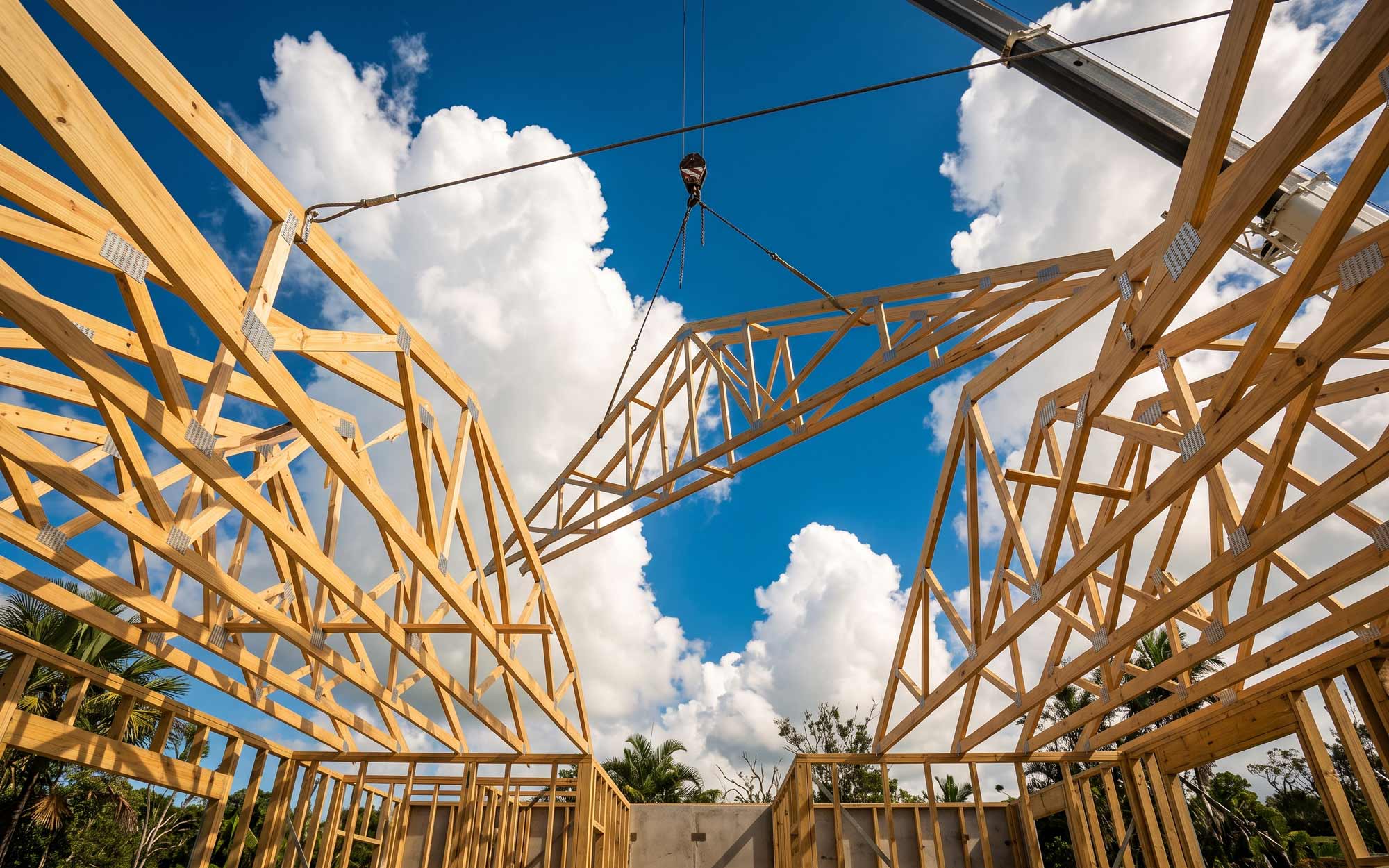 Roof trusses going up against a Far North Queensland sky
